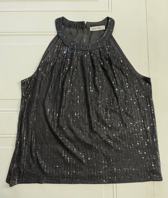Grace Karin Tops - Grace Karin Womens Sz XL Black Sequins High Neck Tank Top Blouse